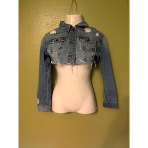 STS Blue Cropped Distressed Denim Jacket M Raw Hem Trucker Jean BBL Streetwear